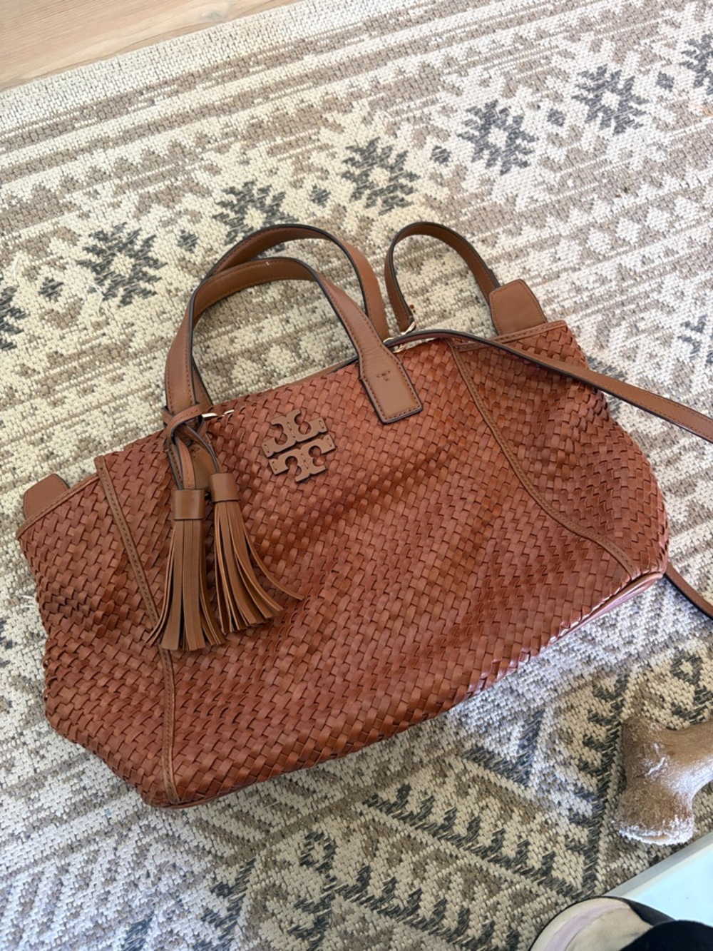 Tory Burch Woven Leather Tote in Cognac Brown with Tassel